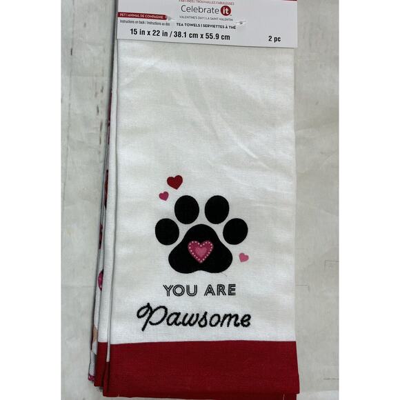 Valentines Dog Paw Hearts "You Are Pawsome" Kitchen Towel Set with Love Heart - Picture 1 of 2